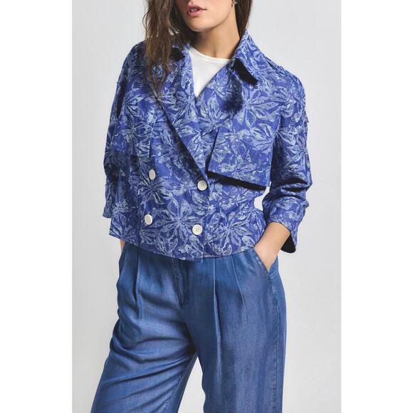 DEREK LAM 10 CROSBY Elijah Floral Cotton Blend Double-Breasted Crop Jacket - Picture 1 of 11